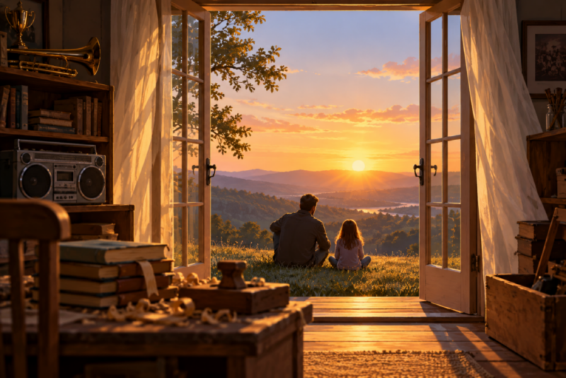 An illustration of a father and daughter sitting on a grassy hillside at sunrise, viewed through open French doors framed by sheer curtains.